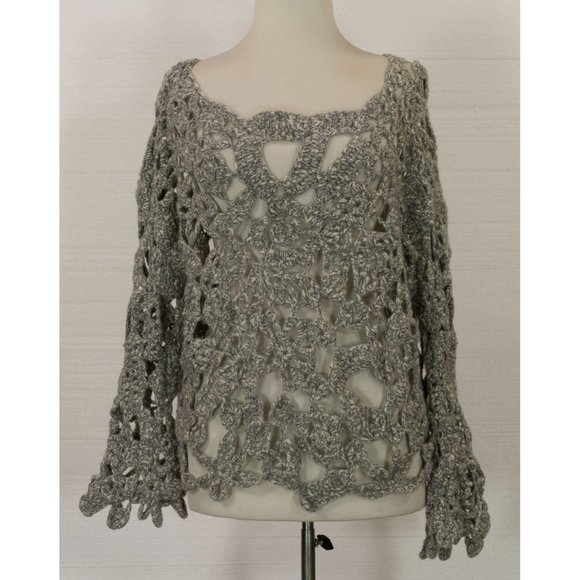 HANIA BY ANYA COLE 100% CASHMERE CROCHET HAND KNITTED SWEATER LIGHT GRAY